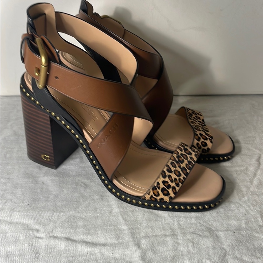 Coach Brown Chunky Heel Sandals with Animal Print
